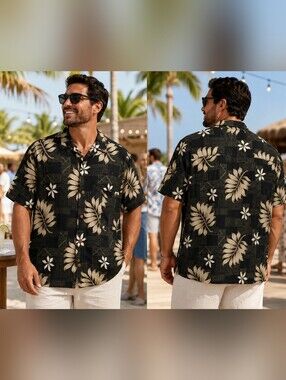 Puritan Black Tropical Print Short-Sleeve Men's Plus Size Button Shirt Size 2XL